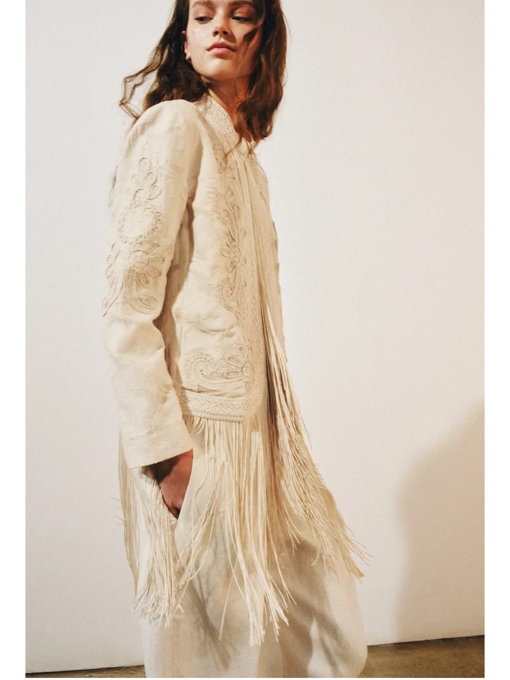 Zara ZW Collection Cream Fringed Embroidered Jacket